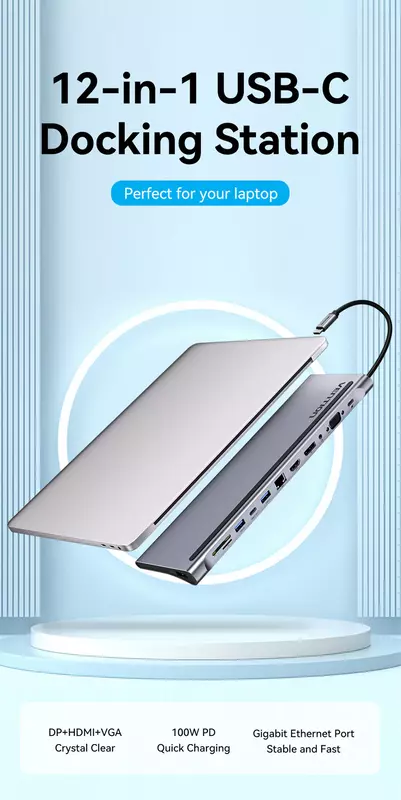 Vention USB C Multi-function 12 in 1  Docking Station, USB-C to DP/HDMI/VGA/USB-C Gen 1/USB 3.0x2/USB 2.0/RJ45/SD/TF/TRRS 3.5mm/PD 0.25m Gray Metal Type
