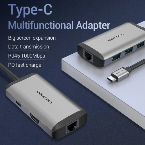 Vention USB C Multi-function 6 in 1 Docking Station, Type C TO HDMI/USB 3.0 (3 port) RJ45/PD (87W) Converter 0.5m Gray Vention USB C Multi-function 6 in 1 Docking Station, Type C TO HDMI/USB 3.0 (3 port) RJ45/PD (87W) Converter 0.5m Gray
