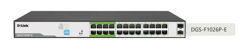D-link 26-Port Gigabit PoE Switch with 24 PoE+ Ports (8 Long Reach 250m) and 2 SFP Uplink Ports - DGS-F1026P D-link 26-Port Gigabit PoE Switch with 24 PoE+ Ports (8 Long Reach 250m) and 2 SFP Uplink Ports - DGS-F1026P