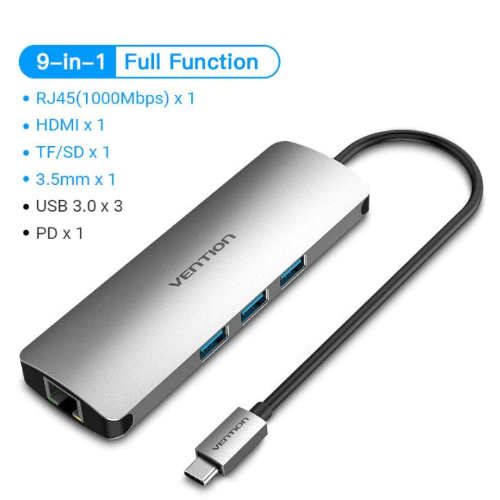 Vention USB C Multi-function 9 in 1 Docking Station HDMI/USB3.0x3/RJ45/SD/TF/TRRS 3.5mm/PD Docking Station 0.15M Vention USB C Multi-function 9 in 1 Docking Station HDMI/USB3.0x3/RJ45/SD/TF/TRRS 3.5mm/PD Docking Station 0.15M