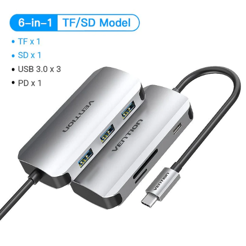 Vention USB C Multi-function 9 in 1 Docking Station Type-C to HDMI/USB3.0*3/TF/SD/RJ45/3.5mm/PD Docking Station 0.15m Gray Metal Type ( 87W), THAHB