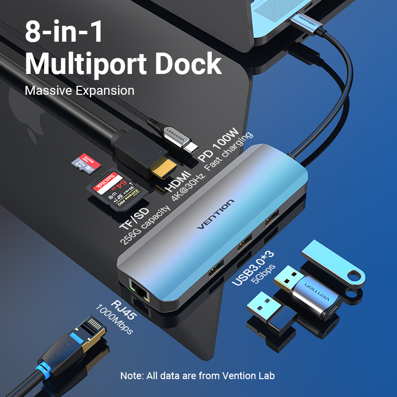 Vention USB C Multi-function 8 in 1 Docking Station to HDMI/USB3.0x3/RJ45/SD/TF/PD Docking Station 0.15M Gray Aluminum Alloy Type (100w) Vention USB C Multi-function 8 in 1 Docking Station to HDMI/USB3.0x3/RJ45/SD/TF/PD Docking Station 0.15M Gray Aluminum Alloy Type (100w)