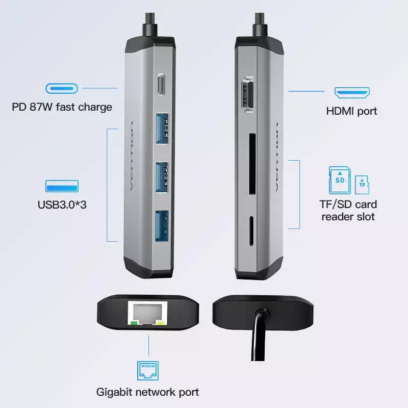 Vention USB C Multi-function 8 in 1  Docking Station Type-C to HDMI/USB3.0*3/RJ45/TF/SD/PD Converter 0.15M Gray Metal Type ( 87W)